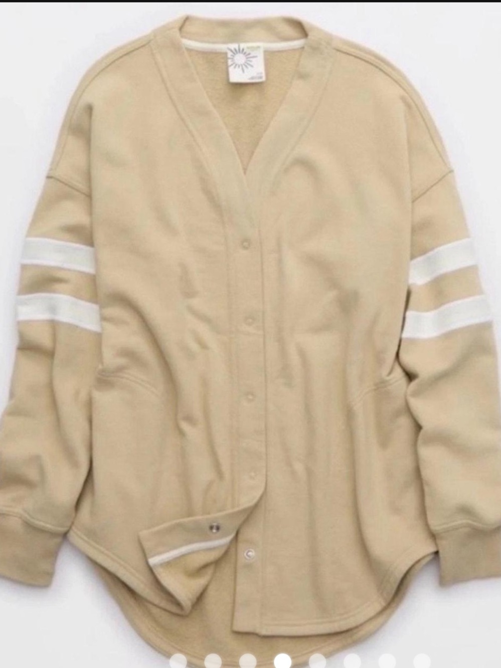 aerie Tan Snap-Front Sweatshirt Cardigan with White Sleeve Stripes